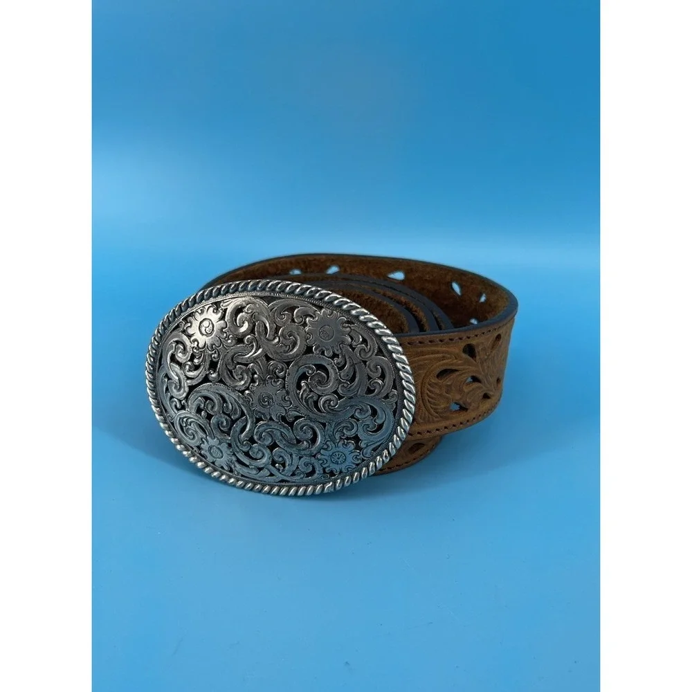 Tony Lama Women's PIERCED FILAGREE Belt W/Buckle Size 36 Aged Bark Brown